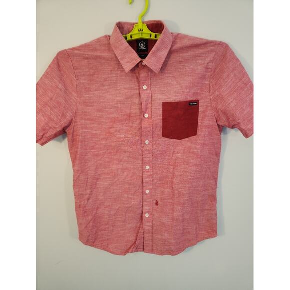 Volcom Shirt Mens Medium Red Short Sleeve Classic Skate Asymmetrical Party - Picture 2 of 11